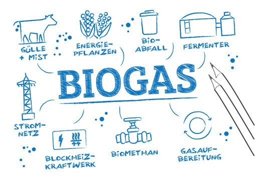Biogas - Vektor Illustration mit deutschem Text - Skizze Biogasanlage