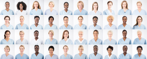 Collage of photo portraits of smiling nurses of different ethnicities promoting diversity and encouraging inclusive empowerment in the workplace. 