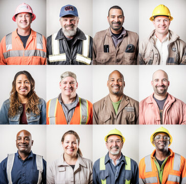 Photo Collage Portrait Of Multiracial Smiling People With Different Ages And Professions Looking At Camera. Mosaic Of Professional Modern Faces. 