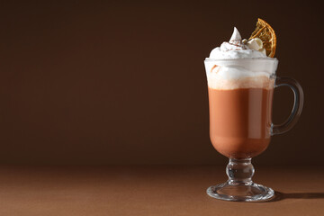 Concept of sweet drink, tasty cocoa drink with marshmallow, space for text
