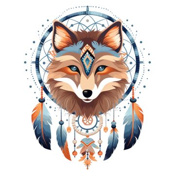 Illustration of colorful dreamcatcher with fox on white background.