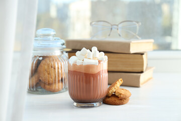 Concept of sweet drink, tasty cocoa drink with marshmallow