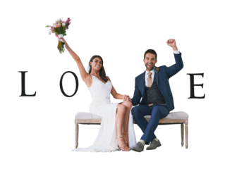 Portrait, love and couple with wedding, marriage and celebration isolated on a transparent background. Romance, v sign and man with woman, relationship or ceremony with bride, groom and png or text