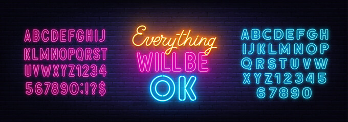 Everything Will Be Ok neon lettering on brick wall background. - obrazy, fototapety, plakaty