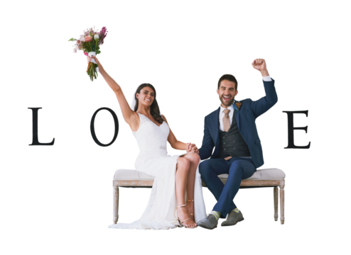 Portrait, love and couple with wedding, marriage and celebration isolated on a transparent background. Romance, v sign and man with woman, relationship or ceremony with bride, groom and png or text