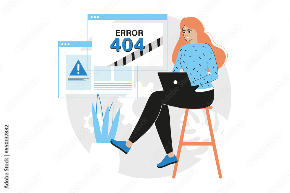 Poster 404 not found blue concept with people scene in the flat cartoon design. programmer is trying to eli