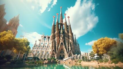 La Sagrada de Familia in the daytime, seen from the streets of Barcelona. Spanish famous Tourist destination. Roman Catholic church in the center of Barcelona. - obrazy, fototapety, plakaty
