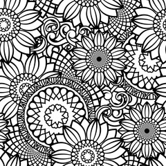 Sunflowers seamless pattern background. Doodles floral black and white vector illustration. Perfect for wallpaper, adult coloring books, warping paper and fabric 