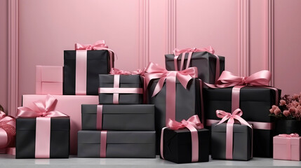 Elegant girly black and pink gift boxes on pink background. Black Friday sale concept. Generative AI