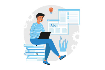 Education blue concept with people scene in the flat cartoon style. Boy learns a lot of important information from the Internet and acquires knowledge.  illustration.