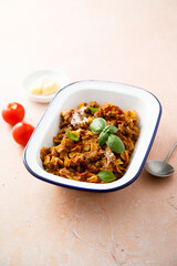 Pasta with minced beef and cheese