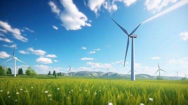 Wind turbine in the field, Sunny Green Landscape. Sustainable clean energy concept