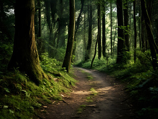 Photo of an abandoned path in a dense forest