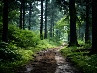 Photo of an abandoned path in a dense forest