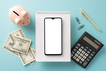 Depiction of saving strategy. Top-view image featuring piggy bank, money bills, calculator,...