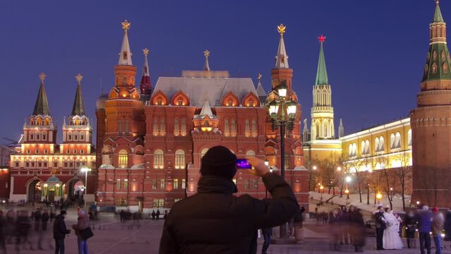 Festive Christmas Installation on Manezhnaya Square: Hyperlapse Timelapse of Historical Museum and Kremlin Towers in Moscow, Russia.