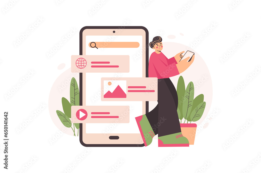 Poster concept guy using gadgets with people scene in the flat cartoon design. guy scrolls through the news