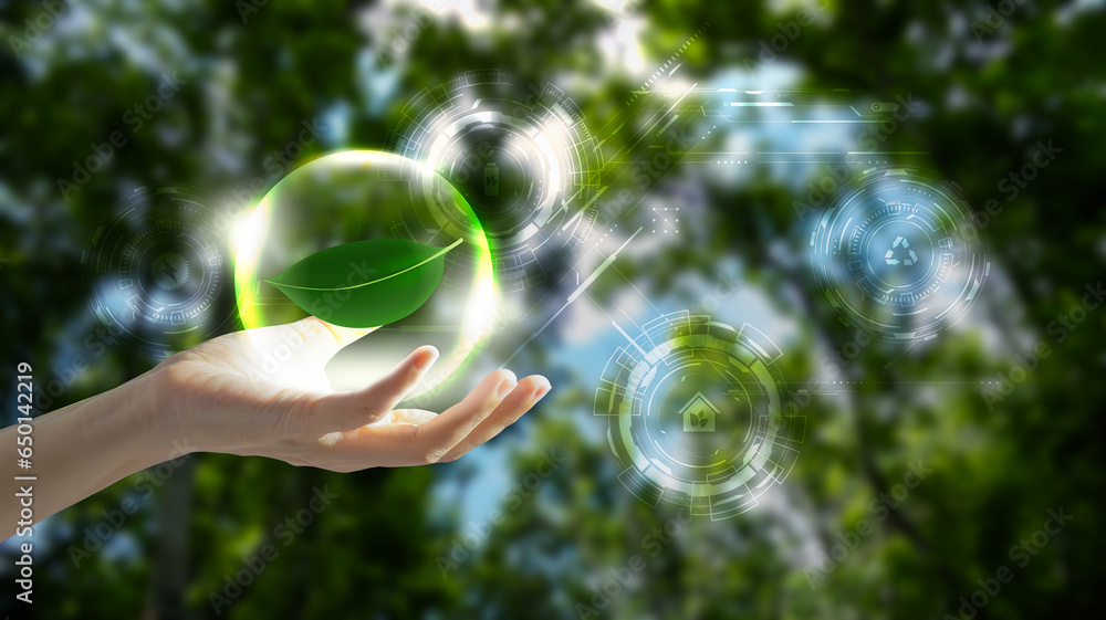 Poster leaf on close up open hand.low polygon.agriculture green technology and environment concept, ecology