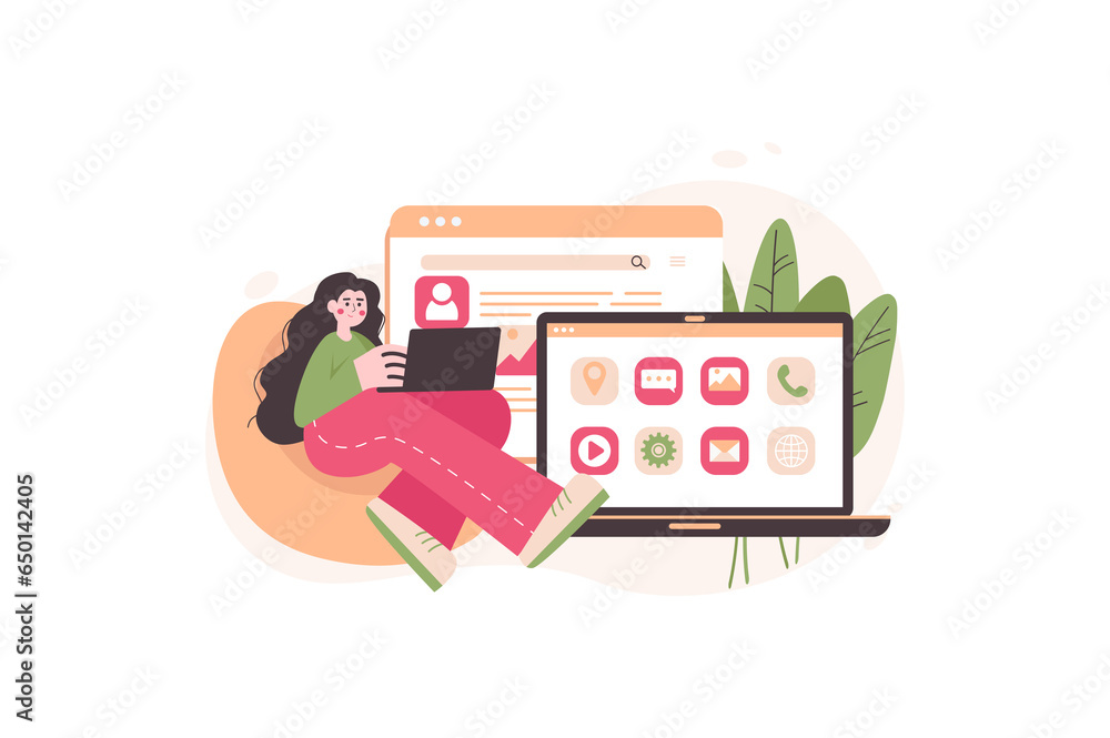 Poster app development concept with people scene in the flat cartoon design. girl work on creating concept 
