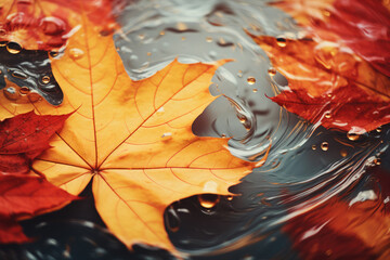 autumn yellow leaves in water puddles autumn background