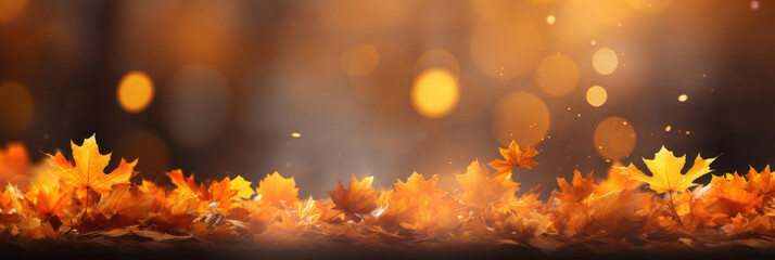 autumn yellow leaves in water puddles autumn background. Horizontal banner