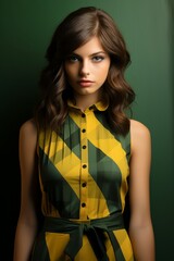 beauty model girl Pantone color scheme, in the style of dark green and pineapple yellow