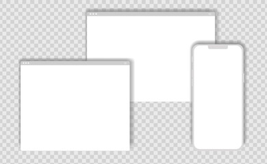 Business template with web browser window, phone screen.  Web page mockup for analysis, motivation, data. Blank device. User interface elements. Vector isolated illustration on transparent background.