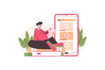 Video education concept with people scene in the flat cartoon design. Student studies various school subjects with the help of video lessons.  illustration.
