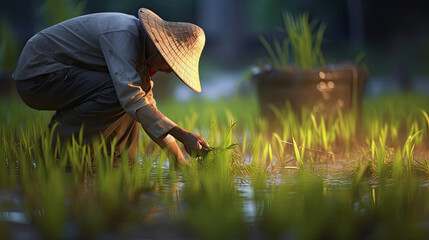 Asian farmers grow rice in the rainy season. Generative Ai