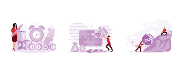 Businesswoman filling out a tax form. Make puzzles with income tax words. Pulling a load that says tax up a cliff. Tax concept. Set Trend Modern vector flat illustration