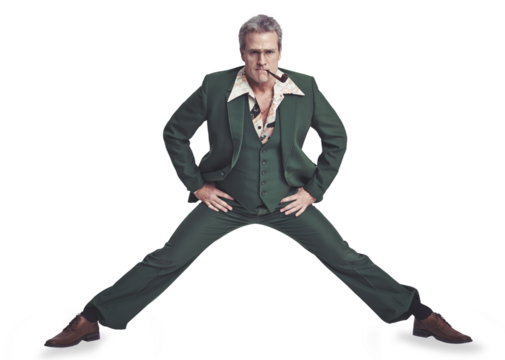 Pipe, fashion and senior man in suit for groovy, retro and vintage outfit listening to music. Disco, smoke and elderly male model from Canada with elegant style isolated by transparent png background