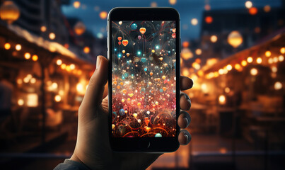 Mobile phone in a man's hand on a blurred background.
