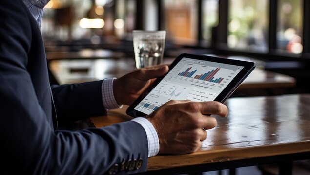 Businessman analyzing investment charts with tablet in a coffee shop.