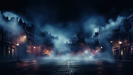 Night view of street at night with lights and fog. Halloween concept - obrazy, fototapety, plakaty