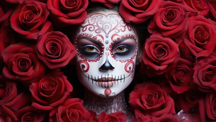 Day of The Dead sugar skull makeup with red roses on dark background