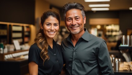 Portrait of smiling waiter and waitress standing in coffee shop