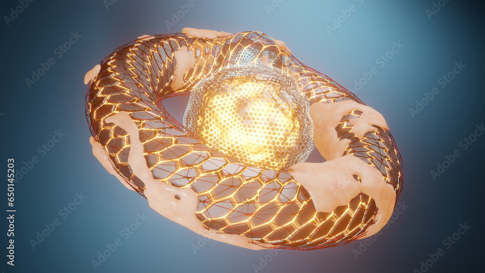 Poster 3d rendering of an abstract geometric figure made of many strands of light, lines and hexagons. abst