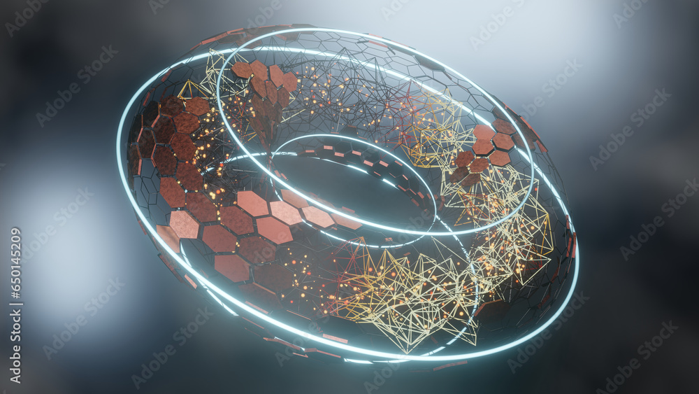 Poster 3d rendering of an abstract geometric figure made of many strands of light, lines and hexagons. abst
