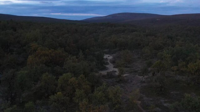 Aerial shot of mountains in Lapland, in the beginning of Kevo trail in Lapland, Finland.