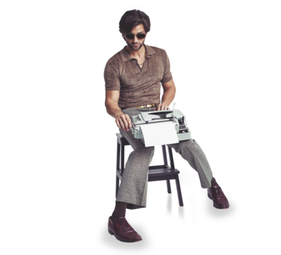 Sunglasses, typing and man on typewriter on stool isolated on transparent png background. Glasses, serious writer or journalist on retro technology for creative work in vintage fashion, style or cool - Powered by Adobe