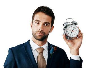 Thinking, groom and wedding with clock, countdown and stress isolated on a transparent background....