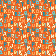 Vector seamless pattern of colorful funny letters on an orange background. Suitable for baby prints, kids room decor, wallpaper, wrapping paper, stationery, scrapbooking, etc.