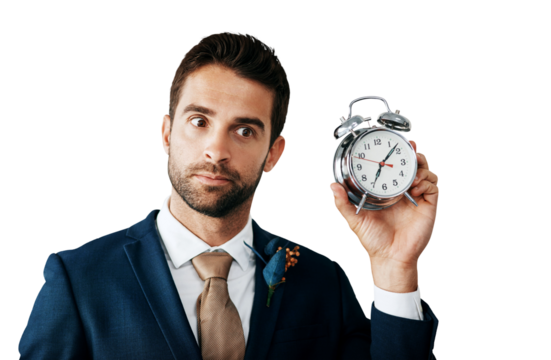 Thinking, groom and wedding with clock, countdown and stress isolated on a transparent background. Person, man or model with time, ceremony and anxious with deadline, celebration or png with thoughts