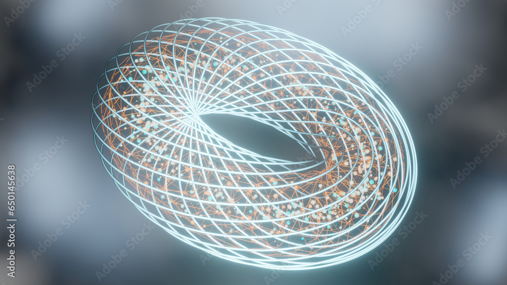 Poster 3d rendering of an abstract geometric figure made of many strands of light, lines and hexagons. abst