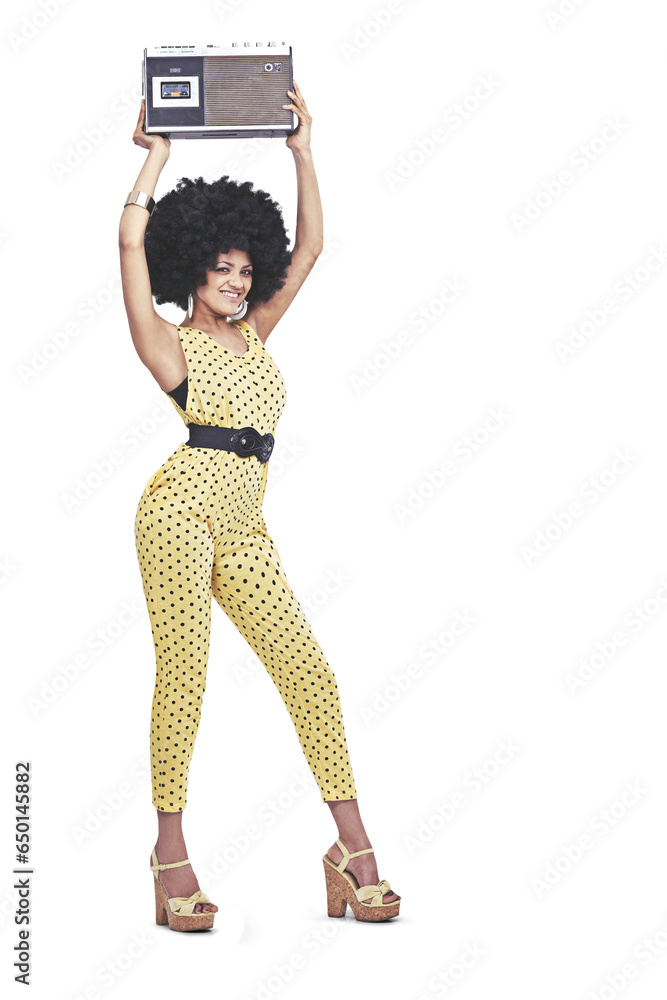 Canvas Prints Vintage radio, disco fashion and happy woman isolated on transparent png background, smile and party portrait. Retro club culture, afro and cool model with dance music, unique style and funk clothes.