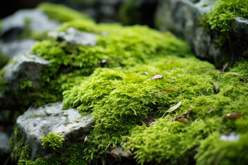 Lush Moss-Covered Rocks: Nature's Velvet Tapestry Unveils Enchanting Patterns of Vibrant Green Moss, Serene Forest Foliage, and Calm Wilderness