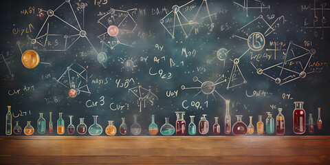 blackboard with drawings and symbols chemists and scientists Decoding the Background of School Boards and Their Evolution The Role of Chemists and Scientists in Education AI Generative  - obrazy, fototapety, plakaty
