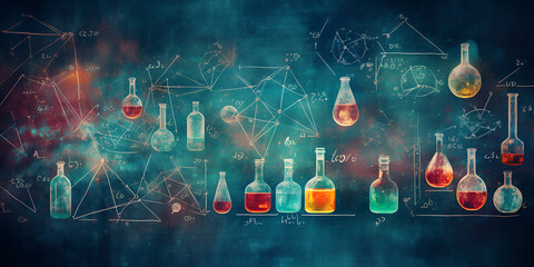 Exploring the Background of School Board Education Chemical Artistry Scribbles and Glass Flasks on a School Board Painting the Lab on a School Board AI Generative  - obrazy, fototapety, plakaty