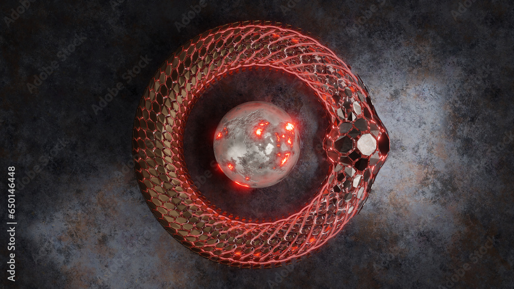 Poster 3d rendering of an abstract torus, a bagel. a geometric figure made of hexagons and a grid with plas