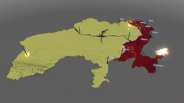 3d animated map of Ukraine at war in 2023 with important cites, occupied territories and explosions